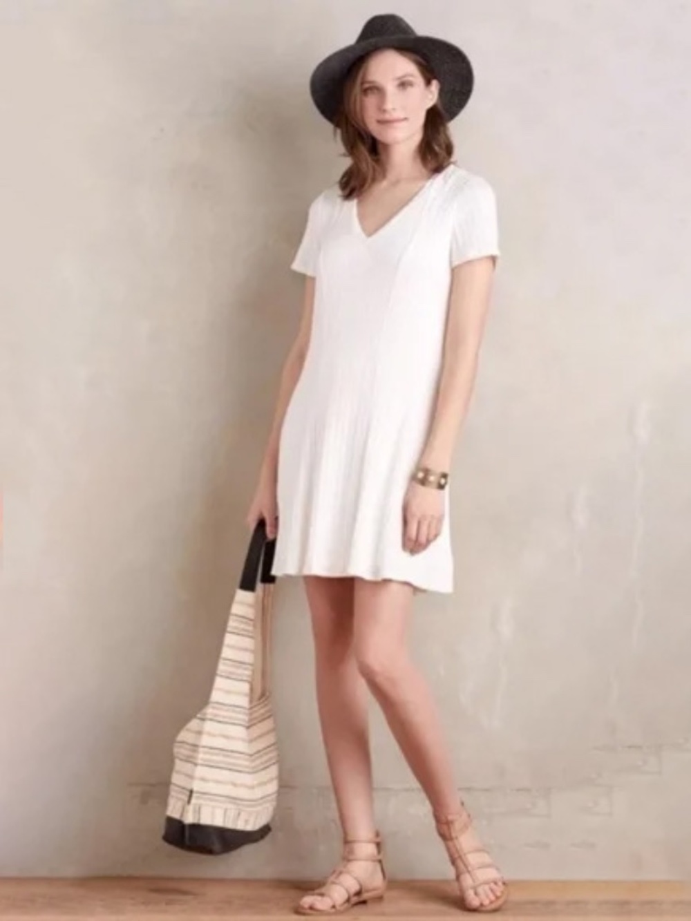 Anthropologie White Short-Sleeve V-Neck Swing Dress